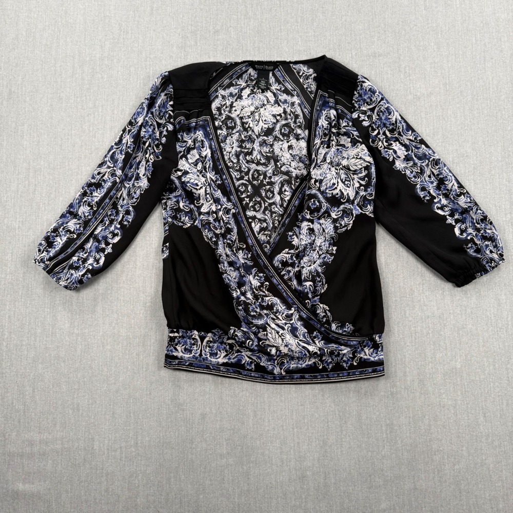 White House‎ Black Market Blue Baroque Scroll Print Surplice Blouse Size 0